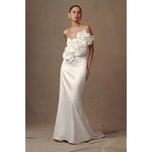 Meshki White Olivia Strapless Floral Appliqué Wedding Gown